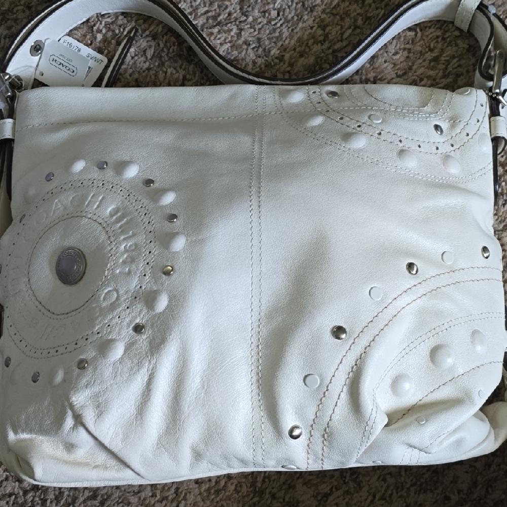 Coach White Textured Shoulder Bag with Silver Hardware